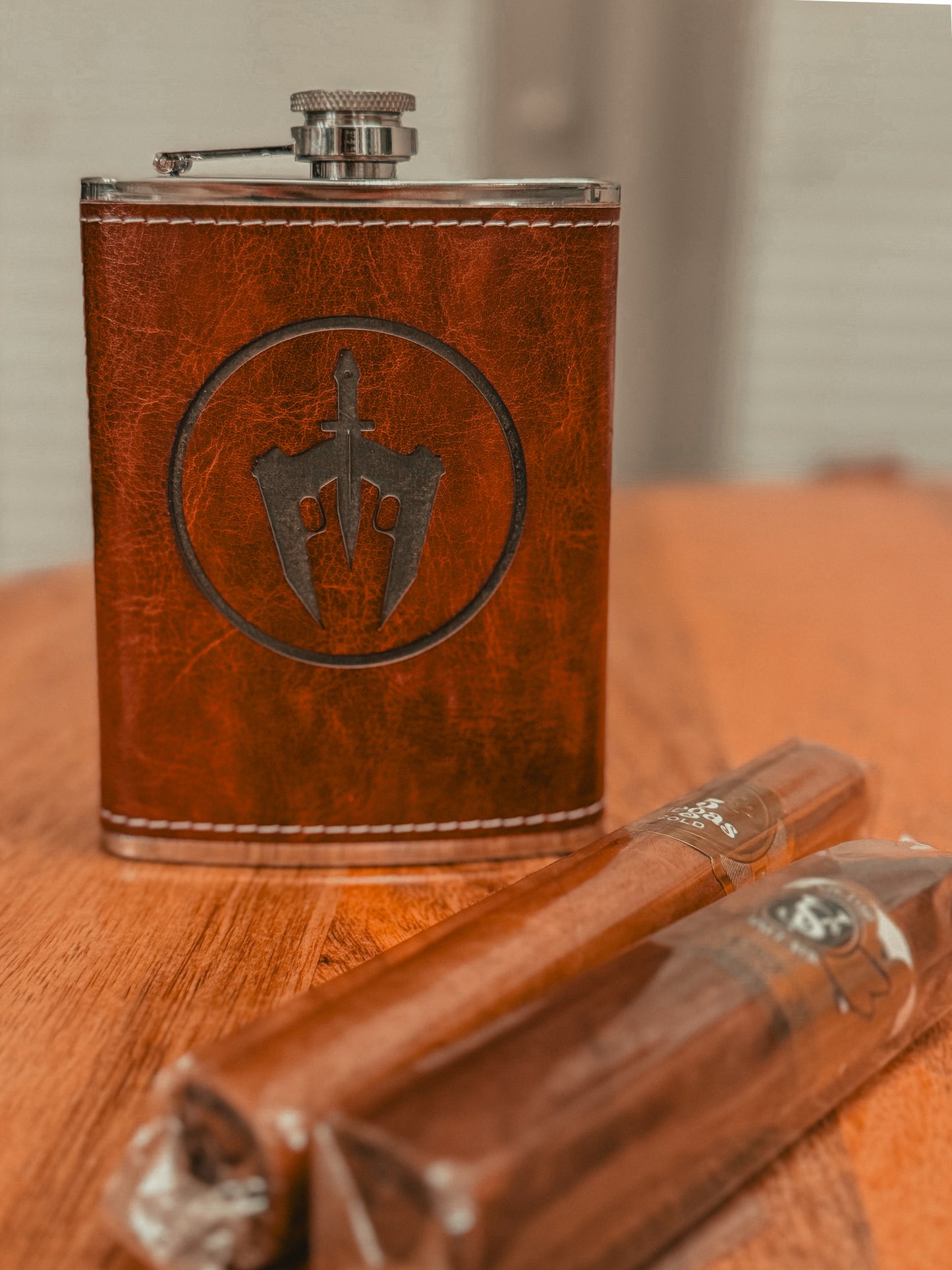 Mahogany Leatherette-Wrapped Flask