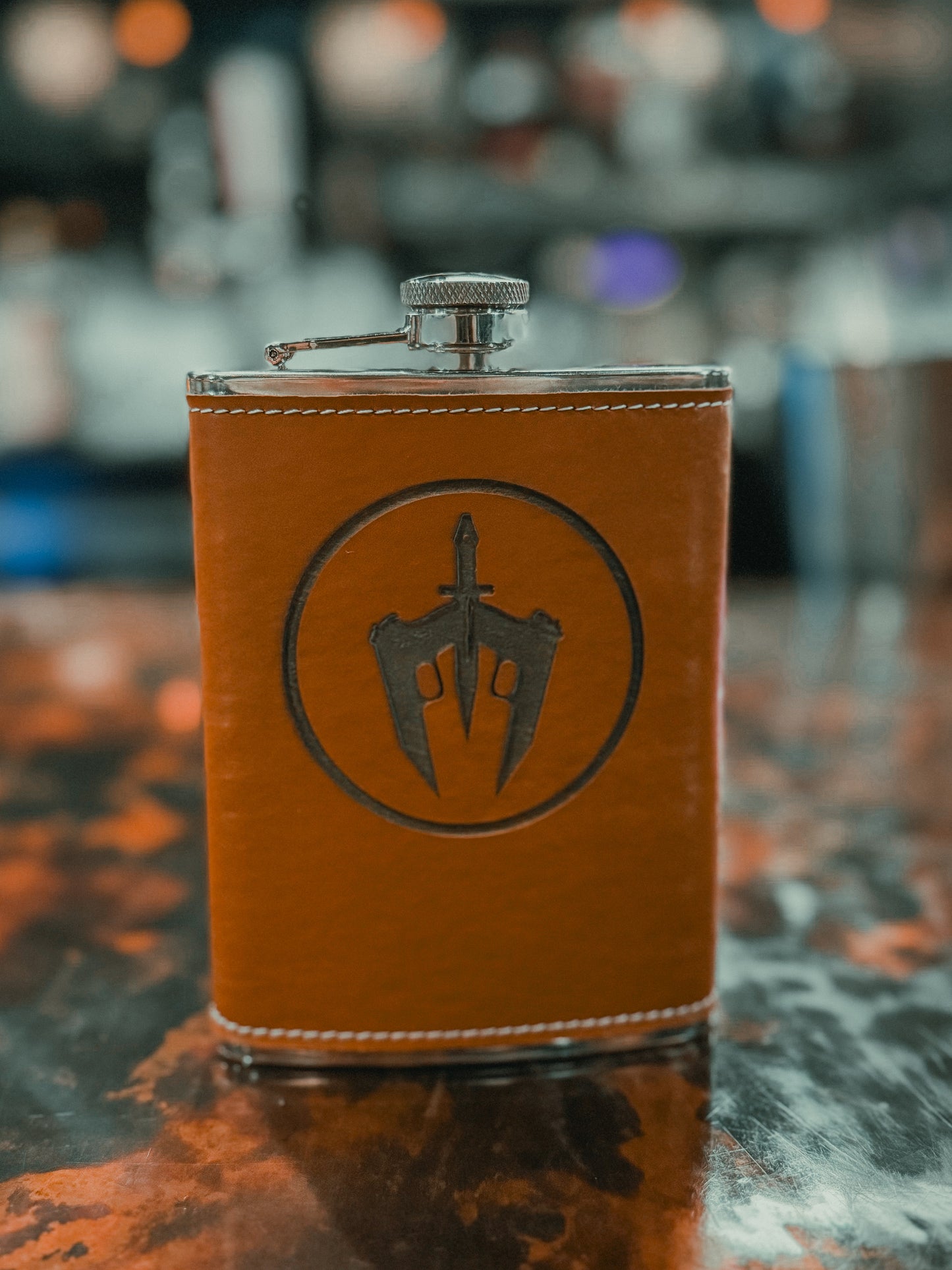 Bourbon Brown Leatherette-Wrapped Flask