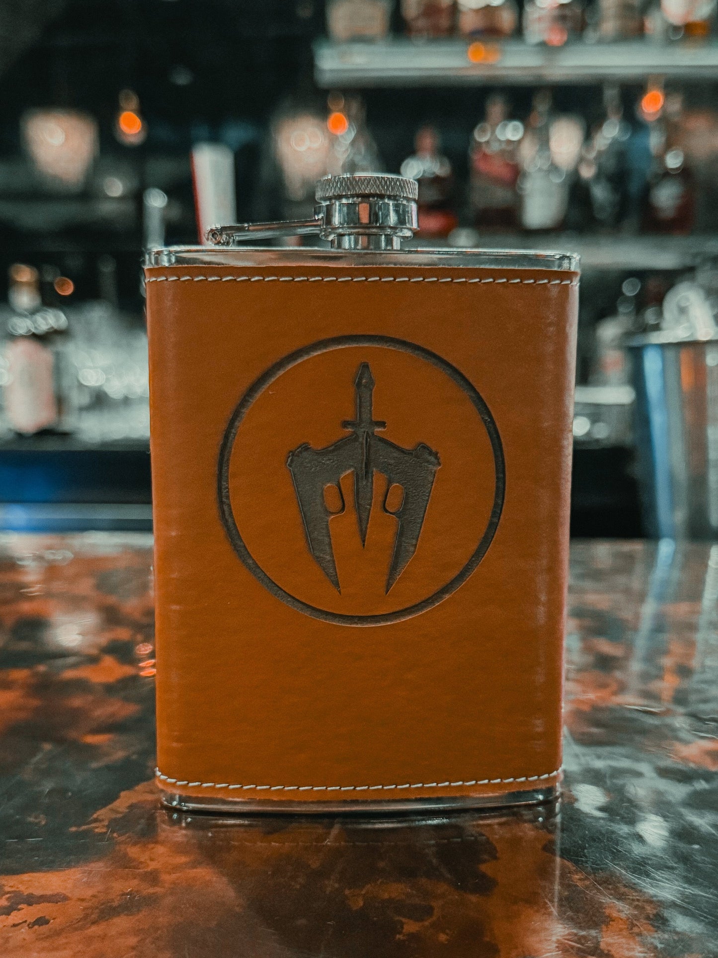 Bourbon Brown Leatherette-Wrapped Flask