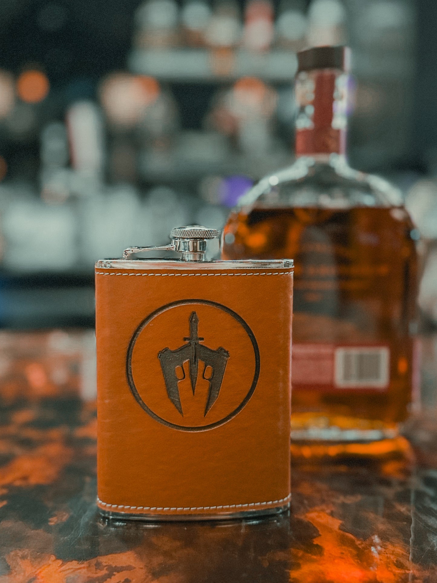 Bourbon Brown Leatherette-Wrapped Flask